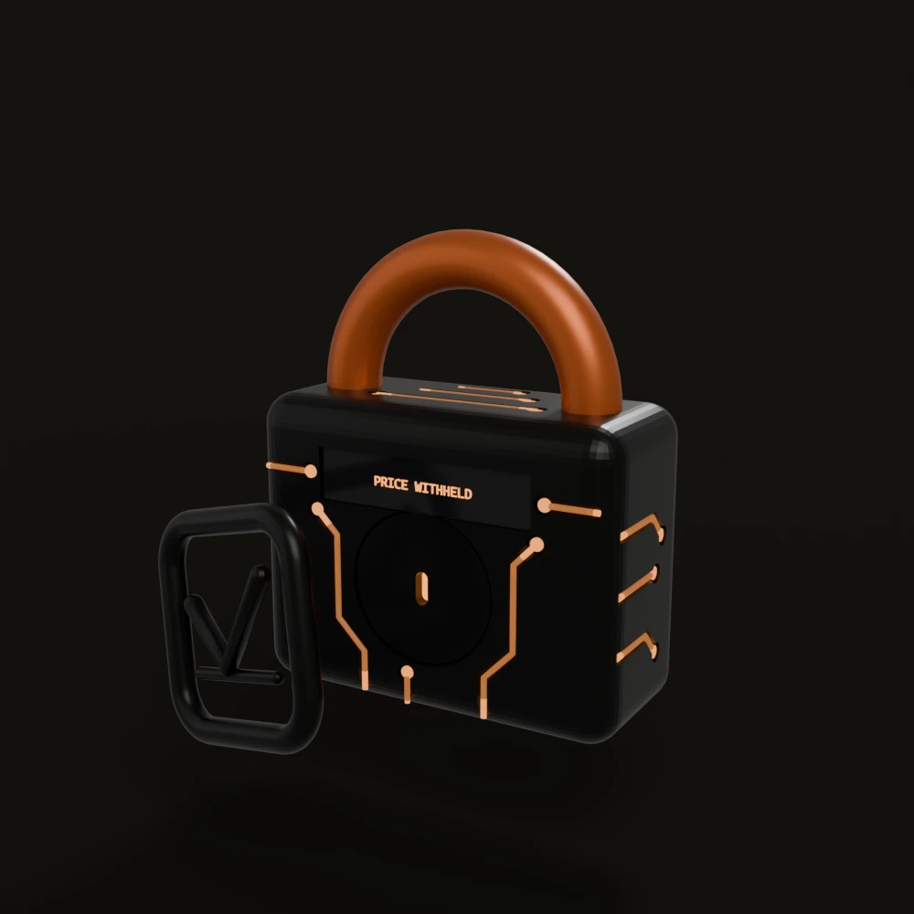 The VendorPick mark and the sealed price lock — the checkmark keyhole glowing, the display reading PRICE WITHHELD