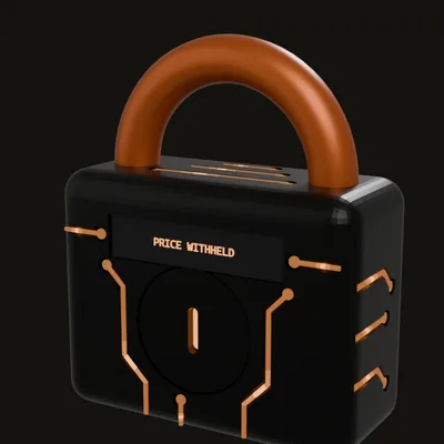 A physical padlock, ink metal engraved with glowing circuit traces, a checkmark-shaped keyhole, and a small panel reading PRICE WITHHELD, closed